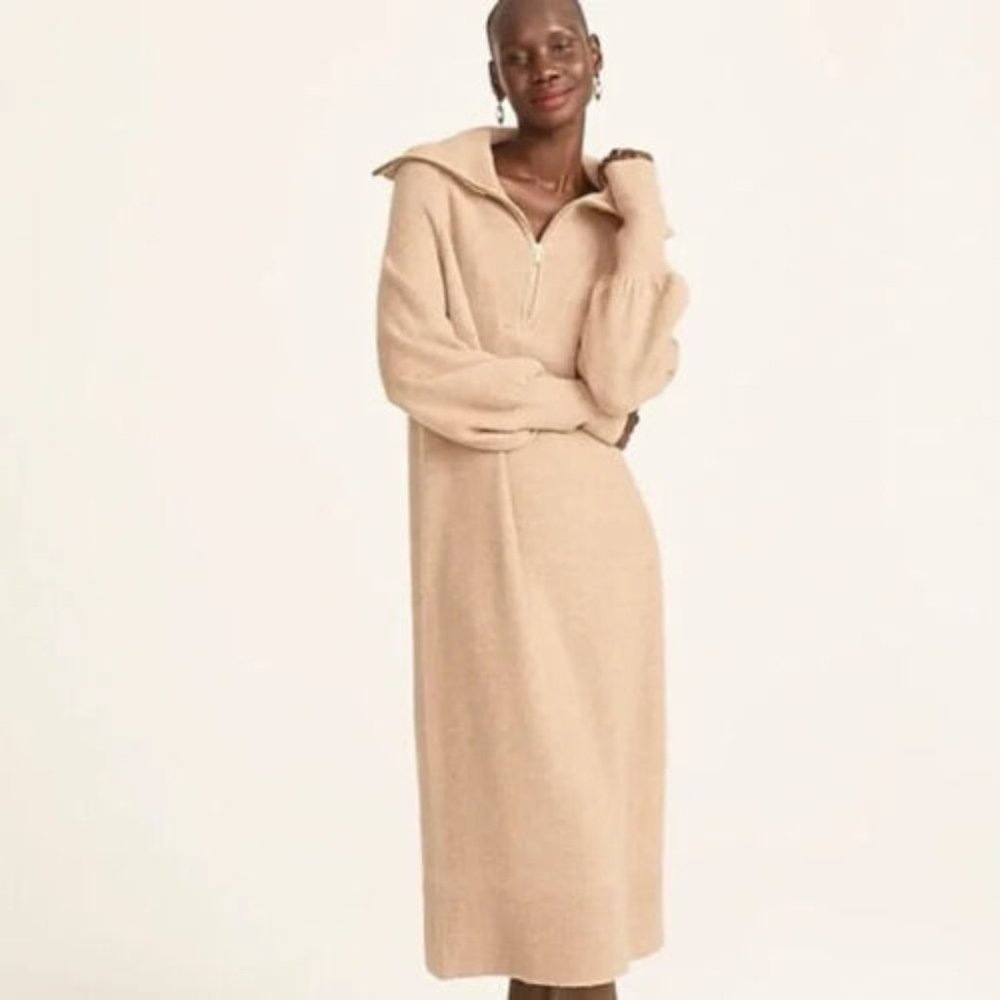 wool alpaca J crew half zip sweater dress super soft yarn heather mushroom TAN S